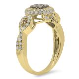 0.95 Carat (ctw) 18K Yellow Gold Round Champagne & White Diamond Ladies Swirl Split Shank Cluster Engagement Ring 1 CT