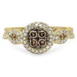 0.95 Carat (ctw) 18K Yellow Gold Round Champagne & White Diamond Ladies Swirl Split Shank Cluster Engagement Ring 1 CT