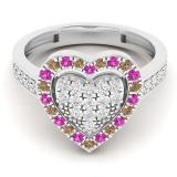 0.65 Carat (ctw) 14K White Gold Round Cut White & Champagne Diamond & Pink Sapphire Ladies Heart Shaped Bridal Engagement Ring