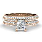 1.15 Carat (ctw) 10K Rose Gold Princess & Round Cut White Diamond Ladies Bridal Engagement Ring With Matching Band Sets