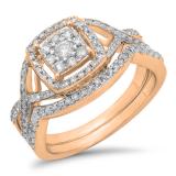 0.55 Carat (ctw) 10K Rose Gold Round Cut White Diamond Ladies Bridal Swirl Split Shank Halo Engagement Ring With Matching Band Set 1/2 CT