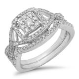 0.55 Carat (ctw) 10K White Gold Round Cut White Diamond Ladies Bridal Swirl Split Shank Halo Engagement Ring With Matching Band Set 1/2 CT