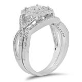 0.55 Carat (ctw) 10K White Gold Round Cut White Diamond Ladies Bridal Swirl Split Shank Halo Engagement Ring With Matching Band Set 1/2 CT