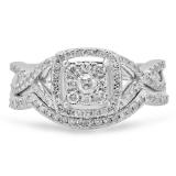 0.55 Carat (ctw) 10K White Gold Round Cut White Diamond Ladies Bridal Swirl Split Shank Halo Engagement Ring With Matching Band Set 1/2 CT