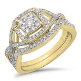 0.55 Carat (ctw) 10K Yellow Gold Round Cut White Diamond Ladies Bridal Swirl Split Shank Halo Engagement Ring With Matching Band Set 1/2 CT