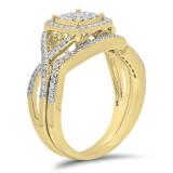 0.55 Carat (ctw) 10K Yellow Gold Round Cut White Diamond Ladies Bridal Swirl Split Shank Halo Engagement Ring With Matching Band Set 1/2 CT