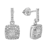 0.60 Carat (Ctw) 18K White Gold Princess & Round White Diamond Ladies Cluster Style Drop Earrings