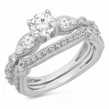 1.70 Carat (Ctw) 10K White Gold Round Cut White Diamond Ladies Bridal Vintage Style Engagement Ring With Matching Band Set