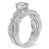 1.70 Carat (Ctw) 10K White Gold Round Cut White Diamond Ladies Bridal Vintage Style Engagement Ring With Matching Band Set