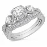 1.10 Carat (Ctw) 10K White Gold Round White Diamond Ladies 3 Stone Halo Style Bridal Engagement Ring With Matching Band Set 1 CT