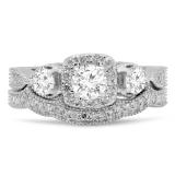 1.10 Carat (Ctw) 10K White Gold Round White Diamond Ladies 3 Stone Halo Style Bridal Engagement Ring With Matching Band Set 1 CT