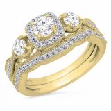 1.10 Carat (Ctw) 10K Yellow Gold Round White Diamond Ladies 3 Stone Halo Style Bridal Engagement Ring With Matching Band Set 1 CT