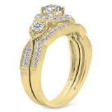 1.10 Carat (Ctw) 10K Yellow Gold Round White Diamond Ladies 3 Stone Halo Style Bridal Engagement Ring With Matching Band Set 1 CT