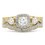 1.10 Carat (Ctw) 10K Yellow Gold Round White Diamond Ladies 3 Stone Halo Style Bridal Engagement Ring With Matching Band Set 1 CT