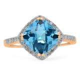 4.10 Carat (ctw) 10K Rose Gold Cushion Cut Blue Topaz & Round Cut White Diamond Ladies Bridal Halo Style Engagement Ring