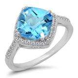4.10 Carat (ctw) 10K White Gold Cushion Cut Blue Topaz & Round Cut White Diamond Ladies Bridal Halo Style Engagement Ring