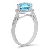 4.10 Carat (ctw) 10K White Gold Cushion Cut Blue Topaz & Round Cut White Diamond Ladies Bridal Halo Style Engagement Ring