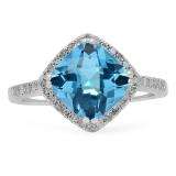 4.10 Carat (ctw) 10K White Gold Cushion Cut Blue Topaz & Round Cut White Diamond Ladies Bridal Halo Style Engagement Ring