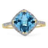 4.10 Carat (ctw) 10K Yellow Gold Cushion Cut Blue Topaz & Round Cut White Diamond Ladies Bridal Halo Style Engagement Ring