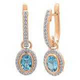 6X4mm each Oval Blue Topaz & Round White Diamond Halo Style Hinged Post Dangling Drop Earrings for Her (Diamond 0.35 Color I-J Clarity I1-I2) in 14K Rose Gold