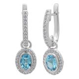 6X4mm each Oval Blue Topaz & Round White Diamond Halo Style Hinged Post Dangling Drop Earrings for Her (Diamond 0.35 Color I-J Clarity I1-I2) in 14K White Gold