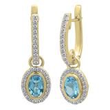 6X4mm each Oval Blue Topaz & Round White Diamond Halo Style Hinged Post Dangling Drop Earrings for Her (Diamond 0.35 Color I-J Clarity I1-I2) in 14K Yellow Gold