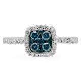 0.60 Carat (Ctw) 10K White Gold Round Blue & White Diamond Ladies Cluster Style Engagement Ring