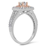 0.95 Carat (Ctw) Two Tone Rose Gold Plated 14K White Gold Round Cut White Diamond Ladies Split Shank Bridal Halo Engagement Ring 1 CT