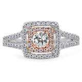 0.95 Carat (Ctw) Two Tone Rose Gold Plated 14K White Gold Round Cut White Diamond Ladies Split Shank Bridal Halo Engagement Ring 1 CT