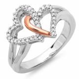 0.20 Carat (ctw) Sterling Silver & Pink Gold Plated Round White Diamond Ladies Promise Tangled Double Heart Love Engagement Ring