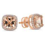 2.35 Carat (Ctw) 18K Rose Gold Cushion Cut Morganite & Round Cut White Diamond Ladies Halo Style Stud Earrings