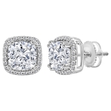 2.68 Cttw Cushion & Round Cubic Zirconia Double Prong Stud Earrings, 925 Sterling Silver in Screw Back