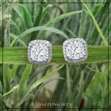 2.68 Cttw Cushion & Round Cubic Zirconia Double Prong Stud Earrings, 925 Sterling Silver in Screw Back