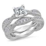 1.75 Carat (Ctw) 10K White Gold Princess & Round Cut White Diamond Ladies V Prong Milgrain Bridal Engagement Ring Matching Band Sets 1 3/4 CT