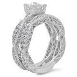 1.75 Carat (Ctw) 10K White Gold Princess & Round Cut White Diamond Ladies V Prong Milgrain Bridal Engagement Ring Matching Band Sets 1 3/4 CT