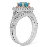 1.85 Carat (Ctw) Two Tone Rose Gold Plated 14K White Gold Round Cut Blue Topaz & White Diamond Ladies Bridal Split Shank Halo Engagement Ring With Matching Band Set