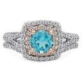 1.85 Carat (Ctw) Two Tone Rose Gold Plated 14K White Gold Round Cut Blue Topaz & White Diamond Ladies Bridal Split Shank Halo Engagement Ring With Matching Band Set