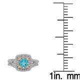 1.85 Carat (Ctw) Two Tone Rose Gold Plated 14K White Gold Round Cut Blue Topaz & White Diamond Ladies Bridal Split Shank Halo Engagement Ring With Matching Band Set