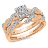 0.35 Carat (Ctw) 18K Rose Gold Princess & Round White Diamond Bridal Swirl Style Halo Engagement Ring Matching Wedding Set