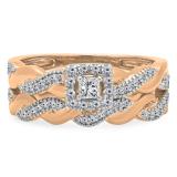 0.35 Carat (Ctw) 18K Rose Gold Princess & Round White Diamond Bridal Swirl Style Halo Engagement Ring Matching Wedding Set