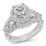 1.15 Carat (ctw) 14K White Gold Round White Diamond Ladies Bridal Vintage Style Halo Engagement Ring With Matching Band Set