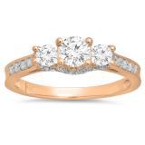 0.98 Carat (ctw) 10K Rose Gold Round Diamond 3 Stone Ladies Vintage Style Bridal Engagement Ring 1 CT