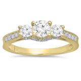 0.98 Carat (ctw) 10K Yellow Gold Round Diamond 3 Stone Ladies Vintage Style Bridal Engagement Ring 1 CT