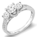 0.98 Carat (ctw) 14K White Gold Round Diamond 3 Stone Ladies Vintage Style Bridal Engagement Ring 1 CT