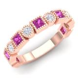 0.85 Carat (Ctw) 10K Rose Gold Princess Cut Pink Sapphire & Round White Diamond Ladies Vintage Style Milgrain Stackable Wedding Band