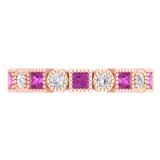 0.85 Carat (Ctw) 10K Rose Gold Princess Cut Pink Sapphire & Round White Diamond Ladies Vintage Style Milgrain Stackable Wedding Band