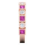 0.85 Carat (Ctw) 10K Rose Gold Princess Cut Pink Sapphire & Round White Diamond Ladies Vintage Style Milgrain Stackable Wedding Band
