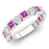 0.85 Carat (Ctw) 10K White Gold Princess Cut Pink Sapphire & Round White Diamond Ladies Vintage Style Milgrain Stackable Wedding Band