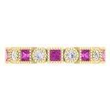 0.85 Carat (Ctw) 10K Yellow Gold Princess Cut Pink Sapphire & Round White Diamond Ladies Vintage Style Milgrain Stackable Wedding Band