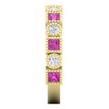 0.85 Carat (Ctw) 10K Yellow Gold Princess Cut Pink Sapphire & Round White Diamond Ladies Vintage Style Milgrain Stackable Wedding Band